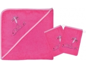 Set Kapuzenbadetuch mit 2 Waschlappen, Schmetterling pink, 80 x 80 cm